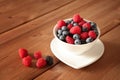 Ripe sweet different berries in white bowl on rustic wooden table. Harvest Concept. Red Raspberries closeup. Healthy, organic food Royalty Free Stock Photo