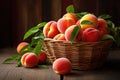 Ripe sweet peaches in a basket on a wooden table, Ripe juicy organic peaches in a wicker basket, AI Generated