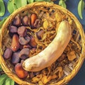 Ripe tamarind pod and dried fruit arranged attractively in basket