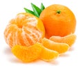 Ripe tangerine fruits with leaf and mandarin slices on white background