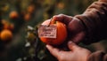 A ripe tangerine held by a human hand in nature generated by AI