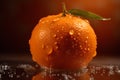 Ripe tangerine with water drops on a dark background.