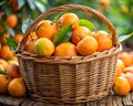 Ripe tangerines in a basket on a wooden table