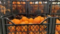 Ripe tangerines in black plastic boxes, harvest of tangerines