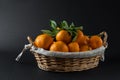 Ripe tangerines in a photo basket in the studio Black background