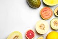 Ripe tasty melons and fresh tropical fruits on white background Royalty Free Stock Photo