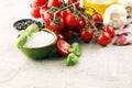 Ripe tasty red tomatoes with salt and basil. Village market organic tomatoes and garlic. Fresh tomato Royalty Free Stock Photo