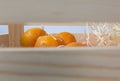 Ripe tasty tangerines with leaves in wooden box