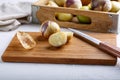 Ripe tomatillo Mexican husk tomato, Physalis philadelphica, Vegetable physalis on cutting board