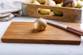 Ripe tomatillo Mexican husk tomato, Physalis philadelphica, Vegetable physalis on cutting board