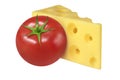 Ripe tomato and cheese with holes on an isolated white background.