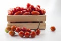 Ripe tomatoes on lie in a wooden box on a white background,, Royalty Free Stock Photo