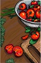 Ripe tomatoes on an old wooden table, hand drawn graphic illustration