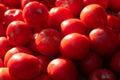 the ripe tomatoes are piled in a basket for sale on the table Royalty Free Stock Photo