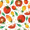Ripe tomatoes seamless watercolor pattern. Hand drawn illustration on white background. Red, yellow vegetables with fresh basil Royalty Free Stock Photo
