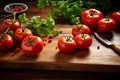 Ripe tomatoes on table with greenery. Generative AI Royalty Free Stock Photo