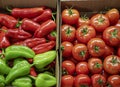 Ripe tomatoes and yellow peppers in cardboard boxes at the market, close up. On vines, blurred background of vegetables Royalty Free Stock Photo