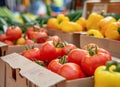 Ripe tomatoes and yellow peppers in cardboard boxes at the market, close up. On vines, blurred background of vegetables Royalty Free Stock Photo