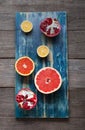Ripe tropical fruit on a blue vintage board,