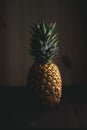 Ripe Tropical Pinaple on a wooden table with a wooden background. Tropical fresh healthy fruits. Pineapple with dramatic lighting. Royalty Free Stock Photo