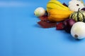 Ripe vegetables and yellow, autumn leaves on a blue background Royalty Free Stock Photo