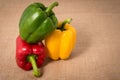 Ripe vibrant colorful peppers on sackcloth