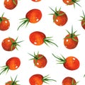Ripe watercolor cherry tomatoes seamless pattern. Hand drawn illustration on white background. Whole small red vegetables. Royalty Free Stock Photo