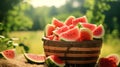 Ripe watermelon chunks displayed in a summery scene in a basket