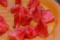 Ripe watermelon cut into pieces on an orange plate