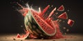 A ripe watermelon falls to the floor and smashes to pieces