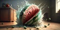 A ripe watermelon falls to the floor and smashes to pieces