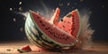 A ripe watermelon falls to the floor and smashes to pieces