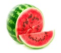 Ripe watermelon half with a juicy slice on white background