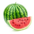 A ripe watermelon with a single slice isolated on a white background