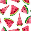 Ripe watermelon slices seamless watercolor pattern. Hand drawn illustration on white background. Juicy pieces Royalty Free Stock Photo