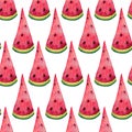 Ripe watermelon slices seamless watercolor pattern. Hand drawn illustration on white background. Juicy triangular pieces