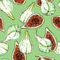 Ripe white green adriatic figs watercolor and ink seamless pattern on green background. Whole and half cut Royalty Free Stock Photo
