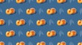 Ripe whole, half peach seamless pattern on dark blue background. Fresh peach repeating on blue. Generative AI Royalty Free Stock Photo