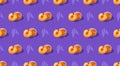 Ripe whole, half peach seamless pattern on purple background. Fresh peach repeating on violet. Generative AI