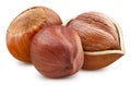 Ripe whole hazelnut and half isolated Royalty Free Stock Photo