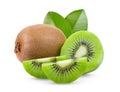 Ripe whole kiwi fruit and half with leaf isolated on white background Royalty Free Stock Photo