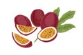 Ripe whole passionfruits and their cut fleshy pieces with seeds isolated on white. Juicy sweet passion fruits with leaf