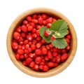 Ripe wild strawberry in wooden bowl isolated on white. Woodland strawberry, Fragaria vesca. Top view Royalty Free Stock Photo