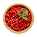 Ripe wild strawberry in wooden bowl isolated on white. Woodland strawberry, Fragaria vesca. Top view Royalty Free Stock Photo