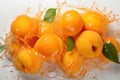 Ripe yellow apricots fall into the water.