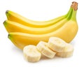 Ripe yellow bananas and cuts of peeled banana isolated on white background Royalty Free Stock Photo