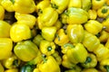 Ripe yellow hungarian pepper in the showcase in fruit section in the food store front view close up Royalty Free Stock Photo