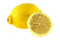 Group of ripe whole yellow lemon citrus fruit with lemon fruit half isolated on white background with clipping path