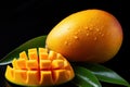 Tropical fruits. Ripe yellow mango fruit. Mango cut into pieces. Generated by artificial intelligence