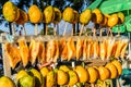 Ripe yellow mangoes on street stall